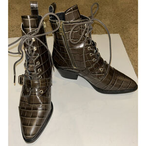 ALLSAINTS Katy Leather Lace Up Side Zipper Ankle Boots Dark Khaki Croc 40 (US 9)